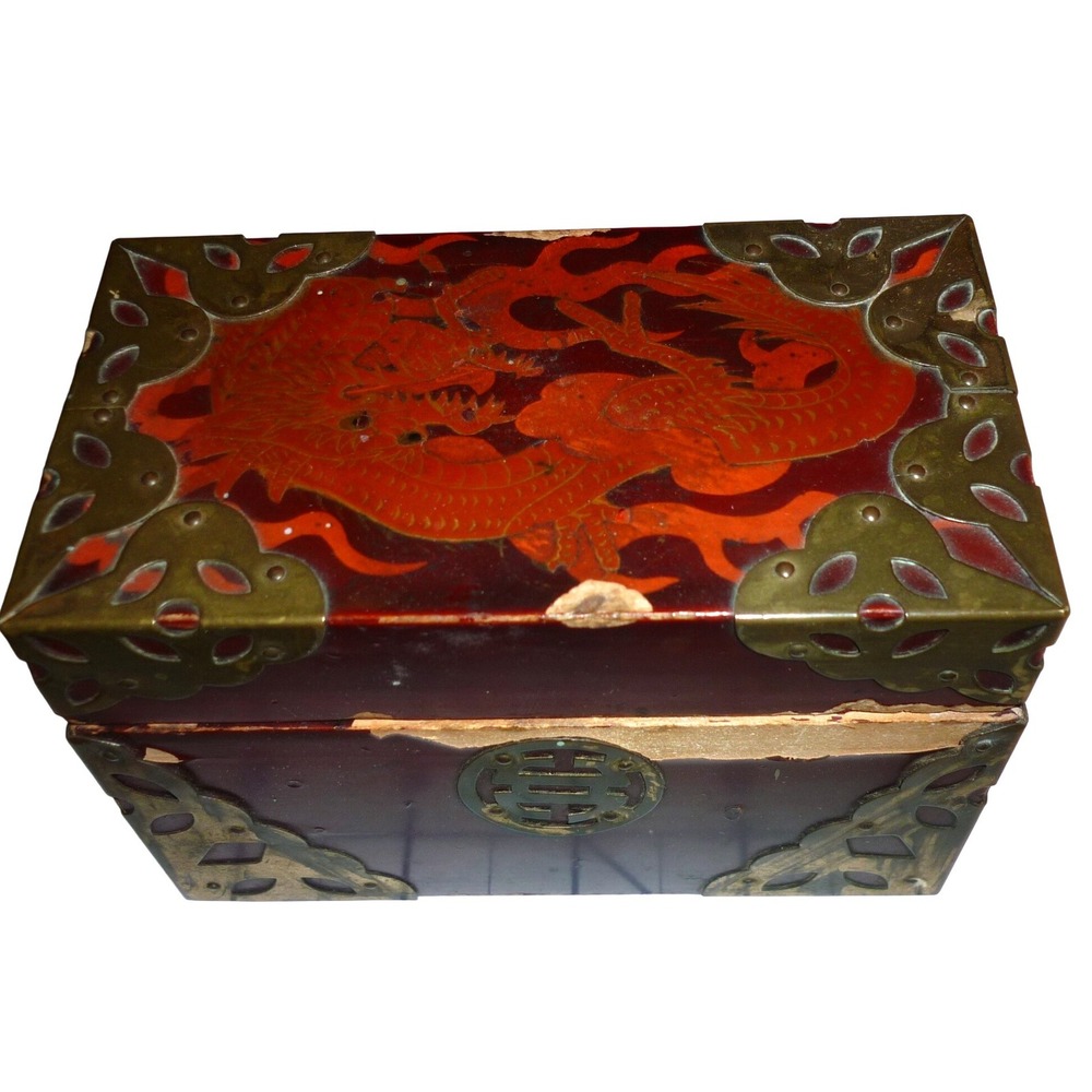 Chinese Dragon Red Lacquer Wood Jewelry Box Brass Trim 5.5in